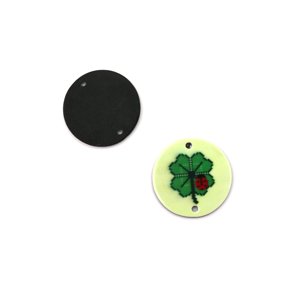 Round Connecting Element, Clover with Ladybug / 26x2 mm,  Hole: 1.5 mm - 5 pieces