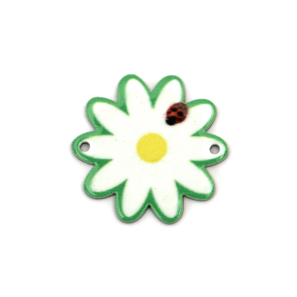 Plastic Connector Bead for Martensas, Daisy with Ladybug /  27x25x2 mm, Holes: 1 mm - 5 pieces