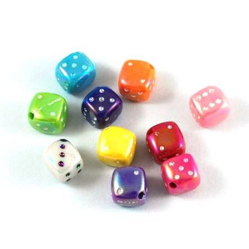 Plastic Dice Bead with Iridescent Coating, 8x8 mm, Hole: 1.5 mm, MIX -50 grams ~ 100 pieces