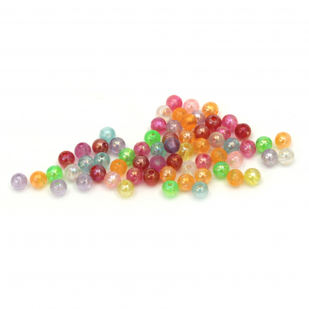 Transparent Plastic Ball with RAINBOW Coating, 6 mm, Hole: 1 mm, MIX -50 grams ~ 520 pieces