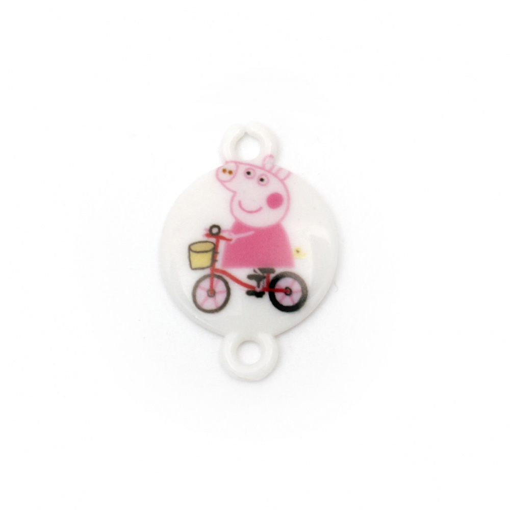 Acrylic Bead Connector, Round with Print - Piglet on a byke 24x16x3 mm, hole 2 mm - 10 pieces