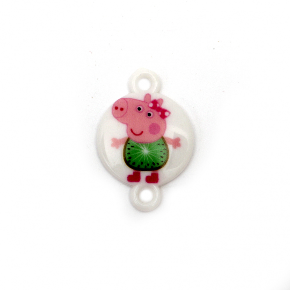 Acrylic Bead Connector, Round with Print - Piglet with Kiwi Outfit 24x16x3 mm, hole 2 mm -10 pieces