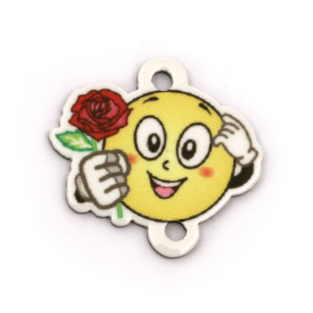 Printed Acrylic Bead Connector, Emoticon with a rose 22x23x2 mm, hole 2 mm - 10 pieces