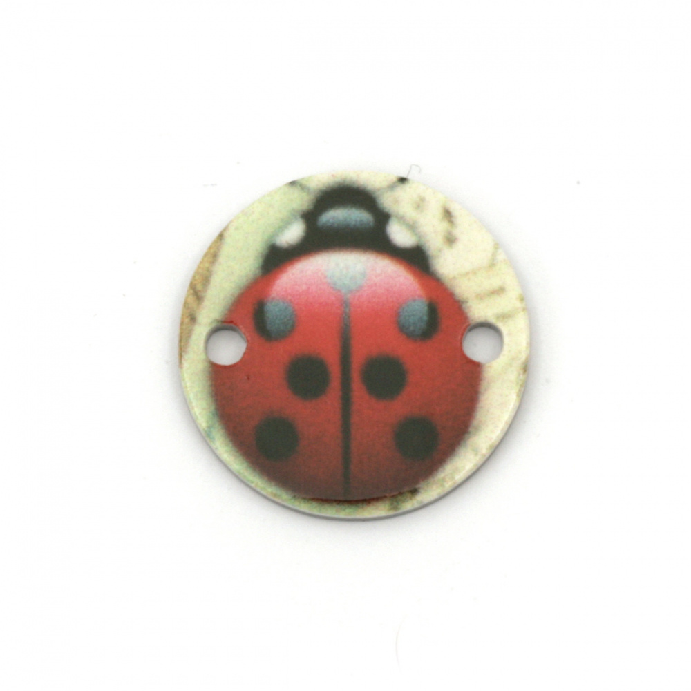 Acrylic Bead Connector, Round with Ladybug Print 20x20x2 mm, hole 2 mm - 10 pieces