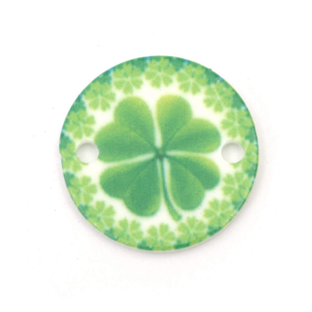 Acrylic Bead Connector, Round with Four leaf Clover Print 20x20x2 mm, hole 2 mm - 10 pieces