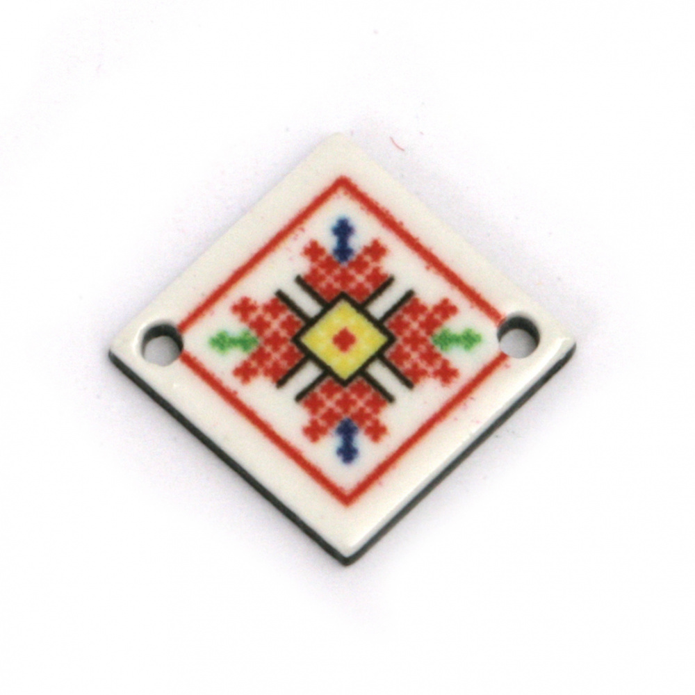 Acrylic Rhombus Link Element with Embroidery Print / 23x20x2 mm, Holes: 2 mm - 10 pieces