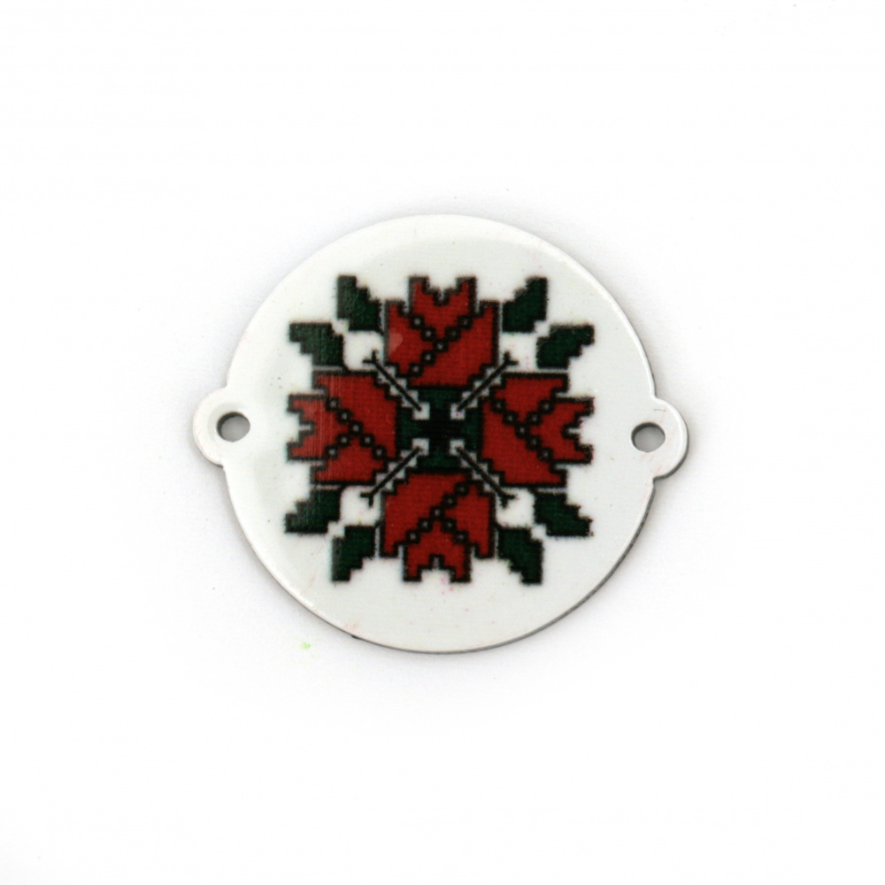 Round Connecting Element with Embroidery Motif, 26x2 mm, Hole: 2 mm -10 pieces