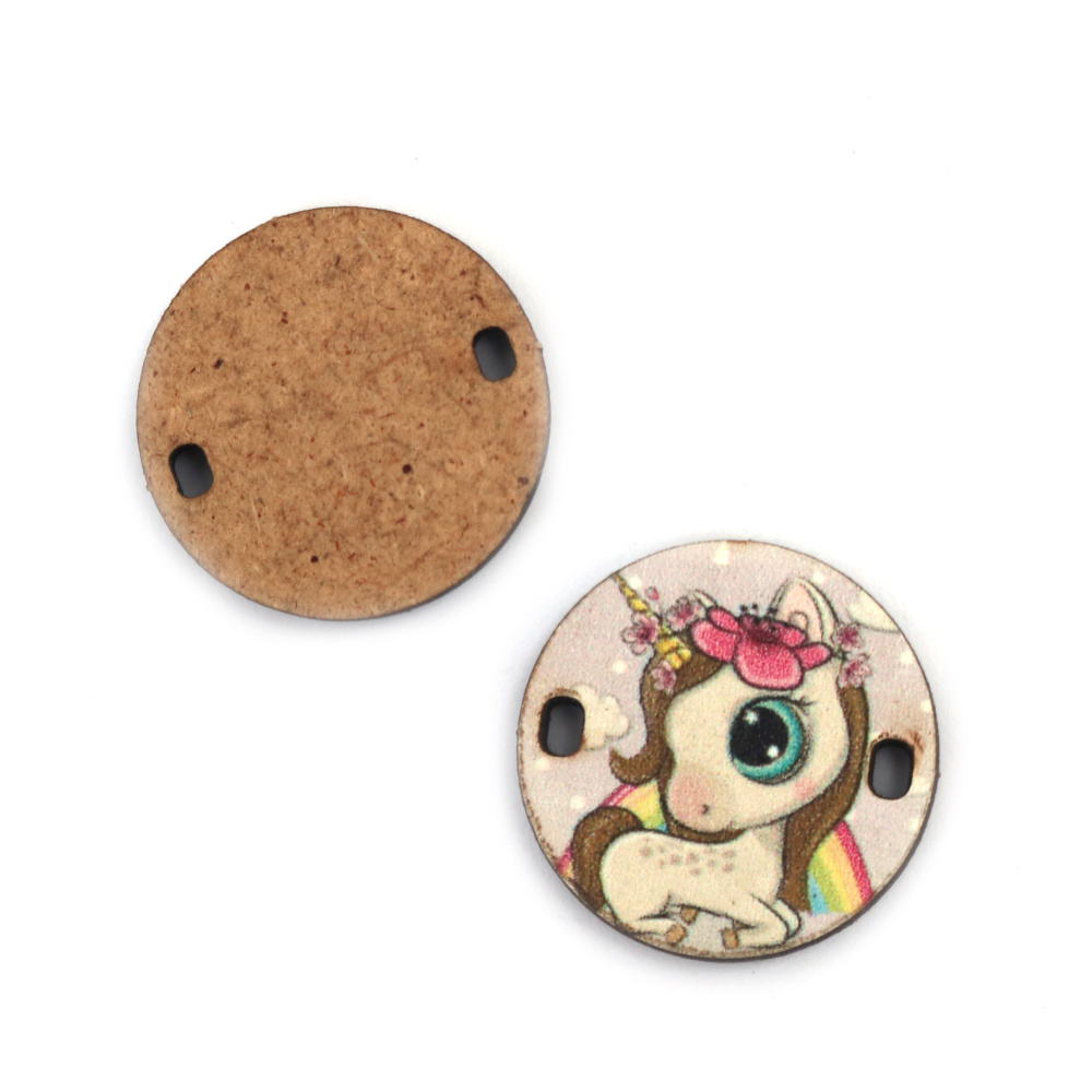 Connector Link Element from MDF, Circle shape with Unicorn Print, 25x3 mm, Hole: 2x3 mm -5 pieces