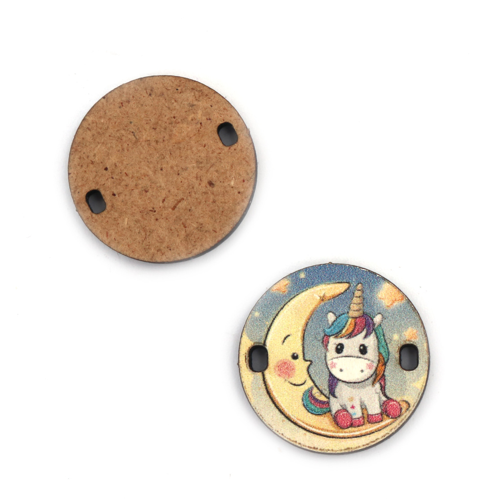 Circle Shaped MDF Connecting Element with Print / Unicorn on the Moon, 25x3 mm, Hole: 2x3 mm -5 pieces