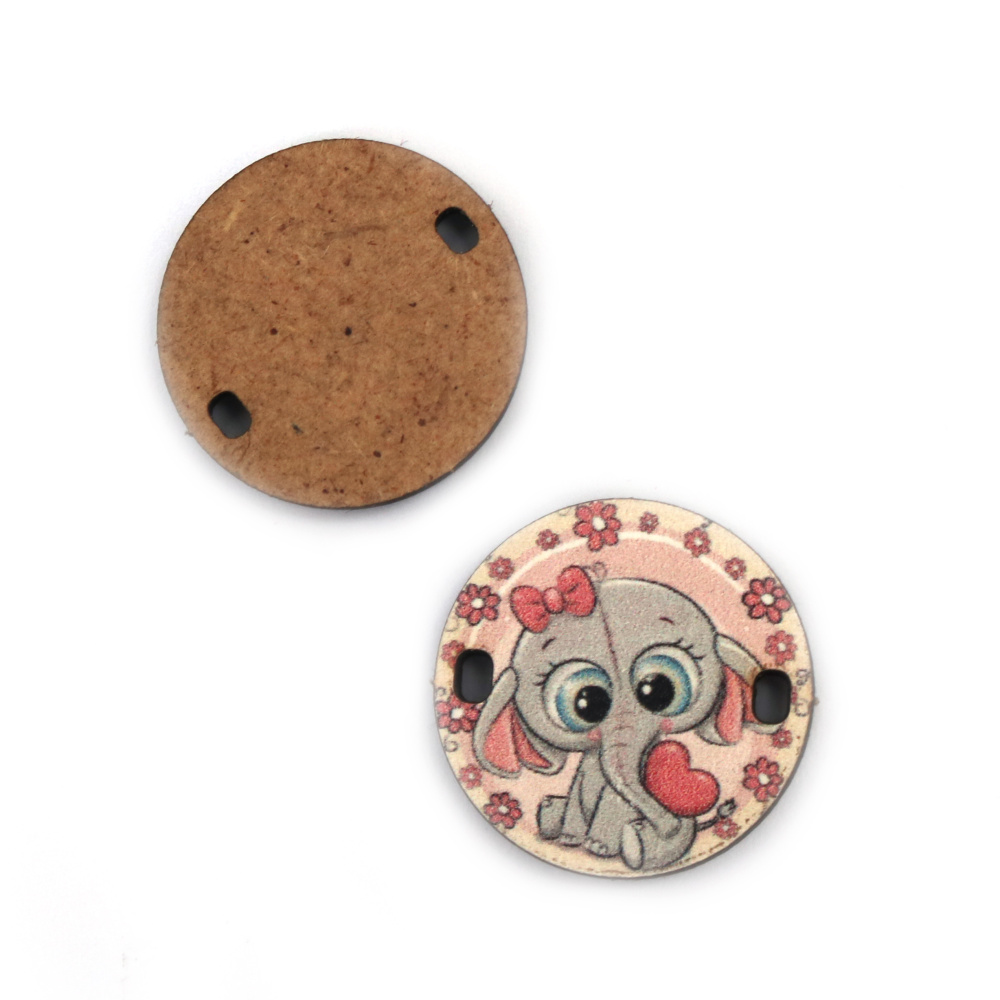 Round Link Tile made of MDF, Connecting Element for Kids CRAFT, with Print / Elephant, 25x3 mm, Hole: 2x3 mm -5 pieces