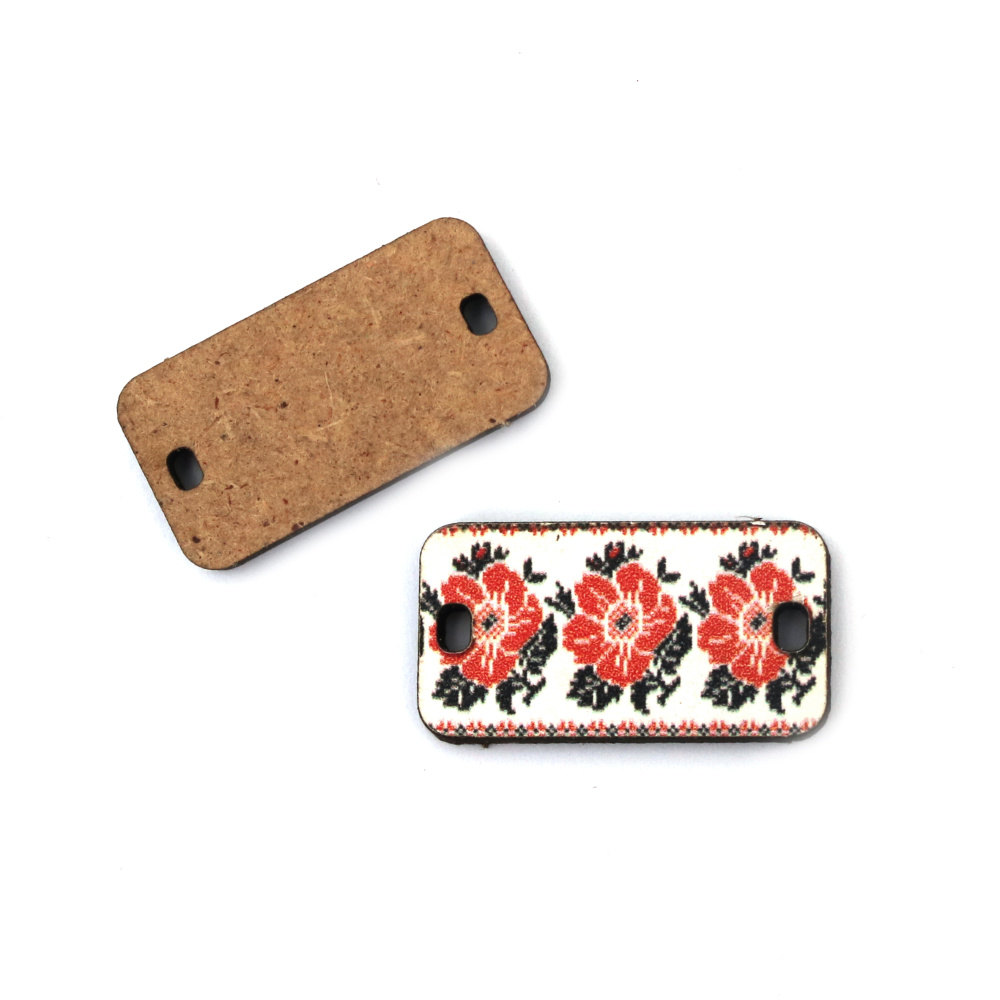 Rectangular Tile Shaped MDF Connecting Element with Printed Floral Ethnic EMBROIDERY motif, 31x16.5 mm, Hole: 2x3 mm  -5 pieces