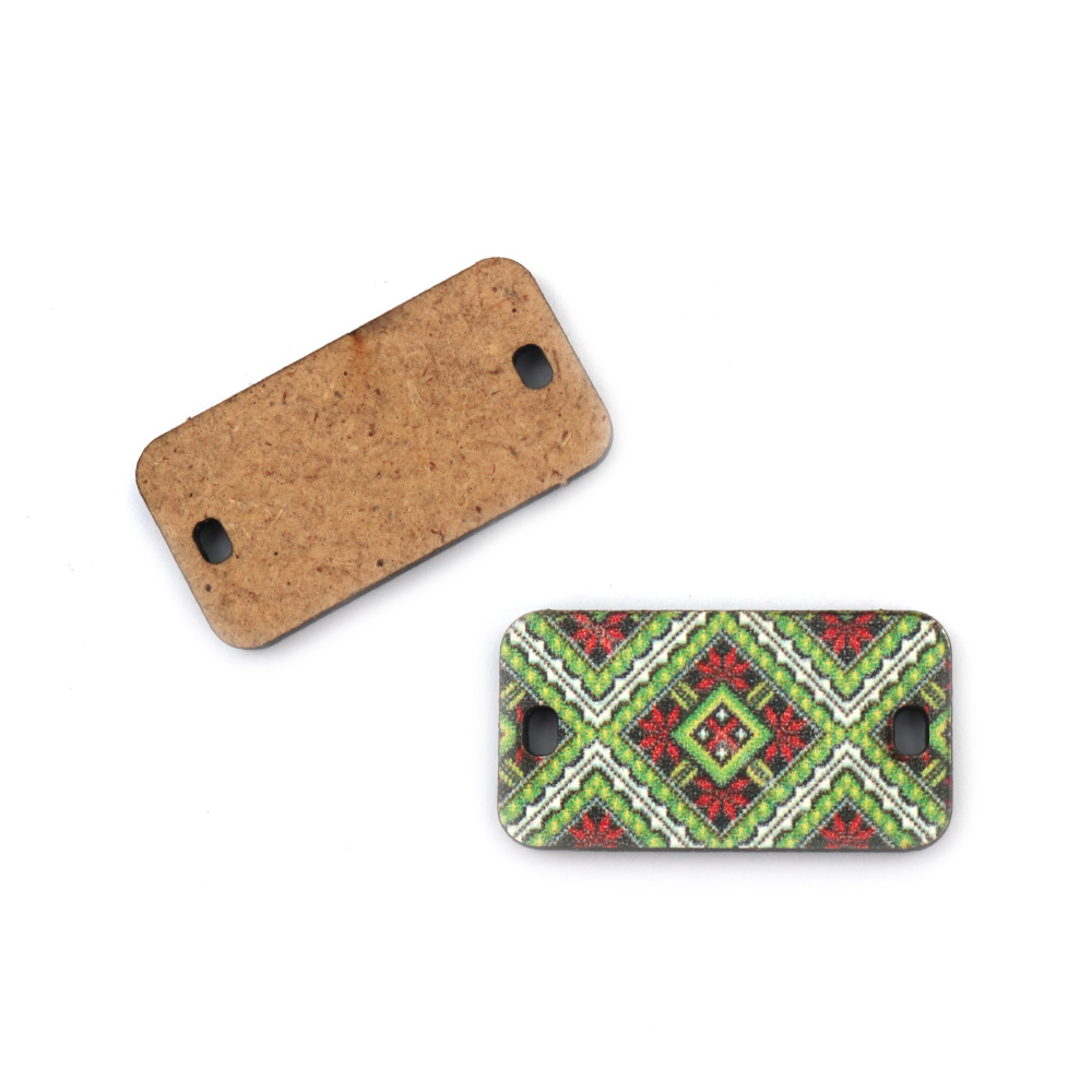 MDF Connecting Element with 2 holes, rectangular shape, Print of ethnic EMBROIDERY, 31x16.5 mm, Hole: 2x3 mm - 5 pieces
