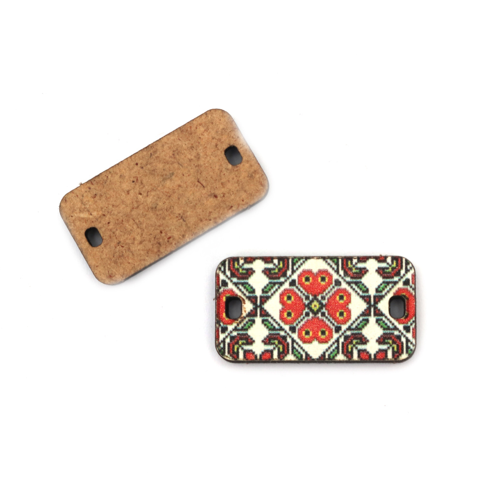 Rectangle Shaped MDF Connecting Element with Printed Ethnic Embroidery Motif, 31x16.5 mm, 2 Holes in 2x3 mm - 5 pieces