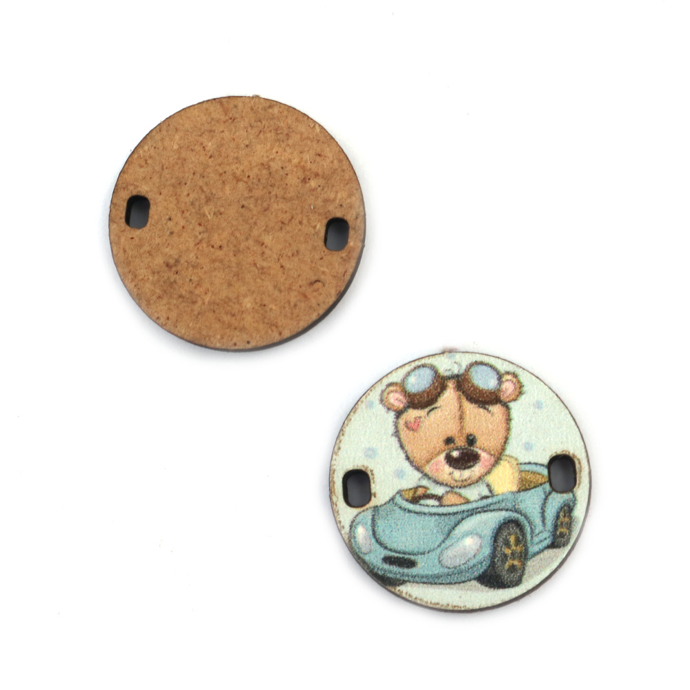 Round MDF Link Connector with Teddy-bear and car print, 25x3 mm, Hole: 2x3 mm - 5 pieces