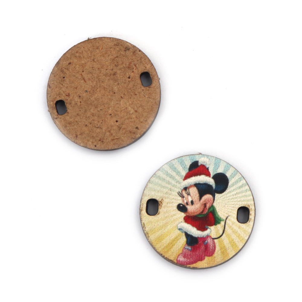 Connector Link from MDF, Oval Shaped Tile with 2 holes/ Print: Cute Mouse in Santa Claus Dress, 25x3 mm, Hole: 2x3 mm - 5 pieces
