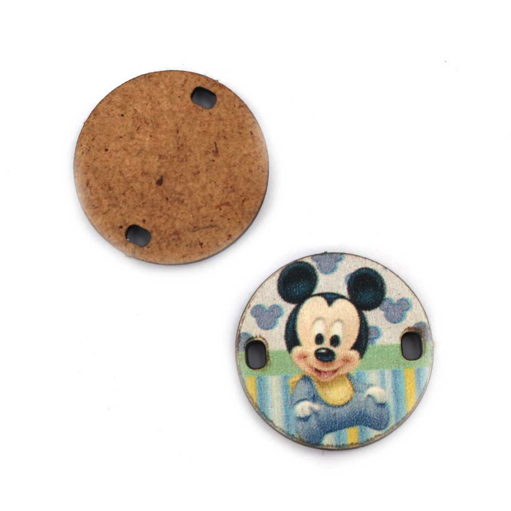 Round Element Connector from MDF, with Cute Mouse, 25x3 mm, Hole: 2x3 mm - 5 pieces