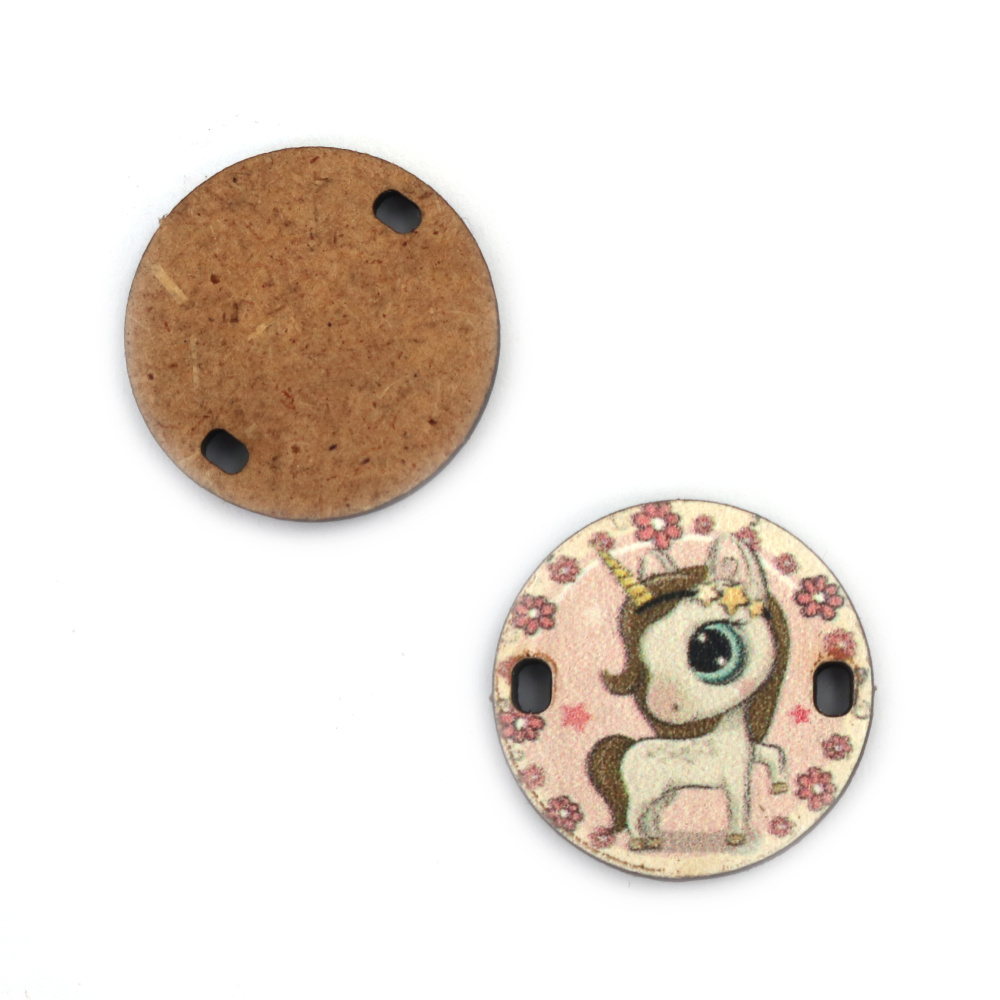 Connecting Element from MDF with Printed Cartoon Unicorn and Pink flowers, 25x3 mm, Hole: 2x3 mm - 5 pieces