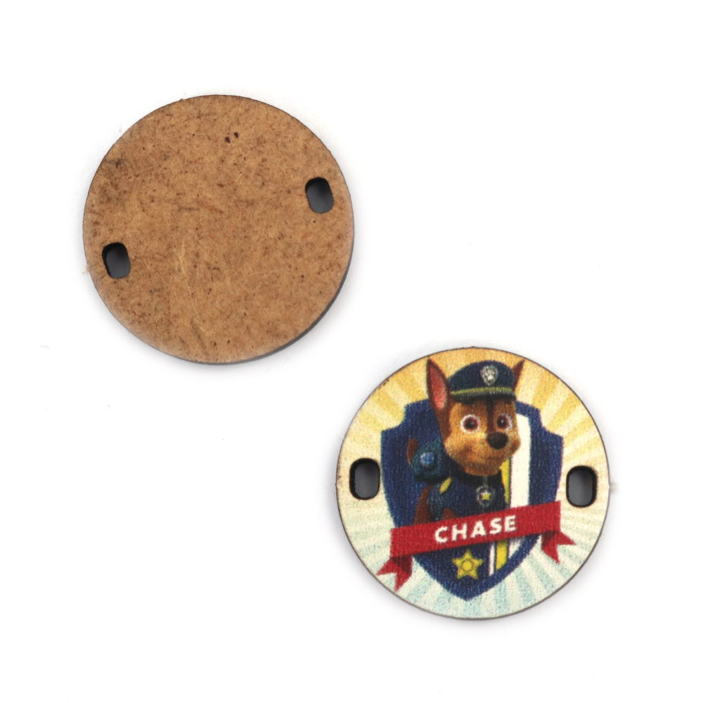 Round Connector Link made of MDF with Printed Dog, 25x3 mm, Hole: 2x3 mm - 5 pieces