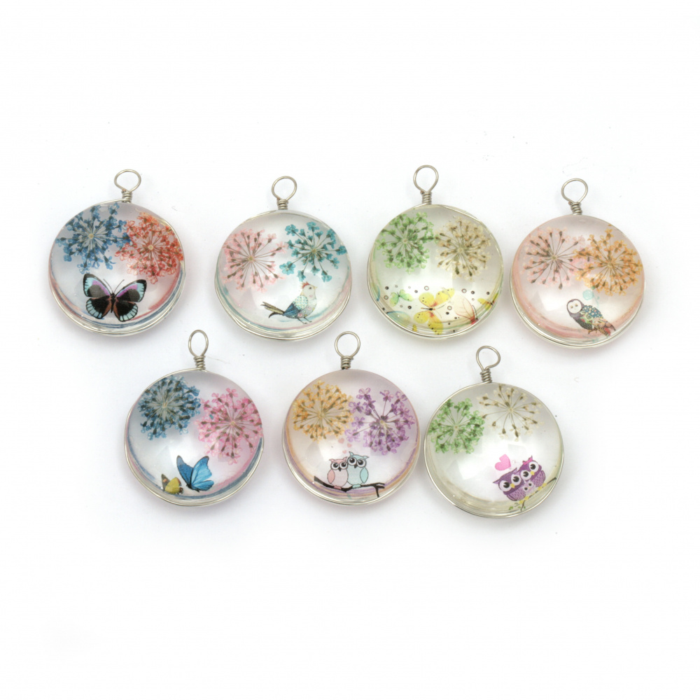 Clear round glass pendant with real dried flowers for DIY earrings,  necklace jewelry making 39x30x14 mm mix