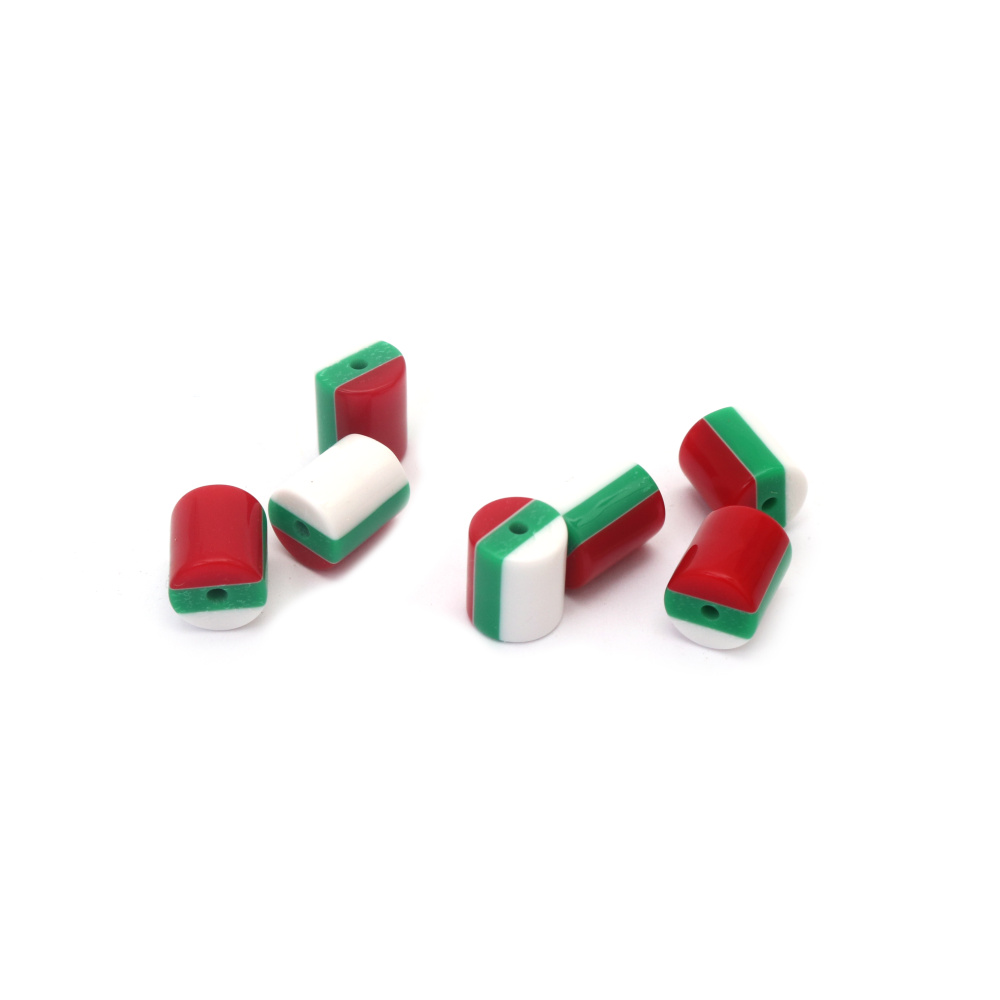 Resin Cylinder Beads 12x10 mm with 2 mm Hole, White, Green, and Red Striped, 20 Pieces