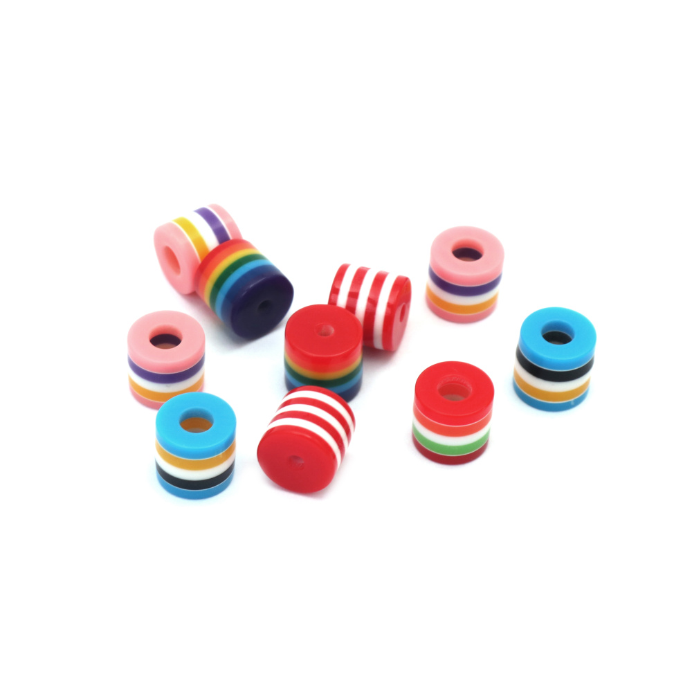 Striped Cylinder Beads / 10x9 mm,  Hole: 2 mm / ASSORTED Multicolored - 20 pieces