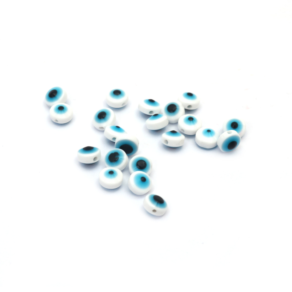 Resin Coin-Shaped Bead - Blue Eye / 6x4 mm, Hole: 1 mm / White - 50 pieces