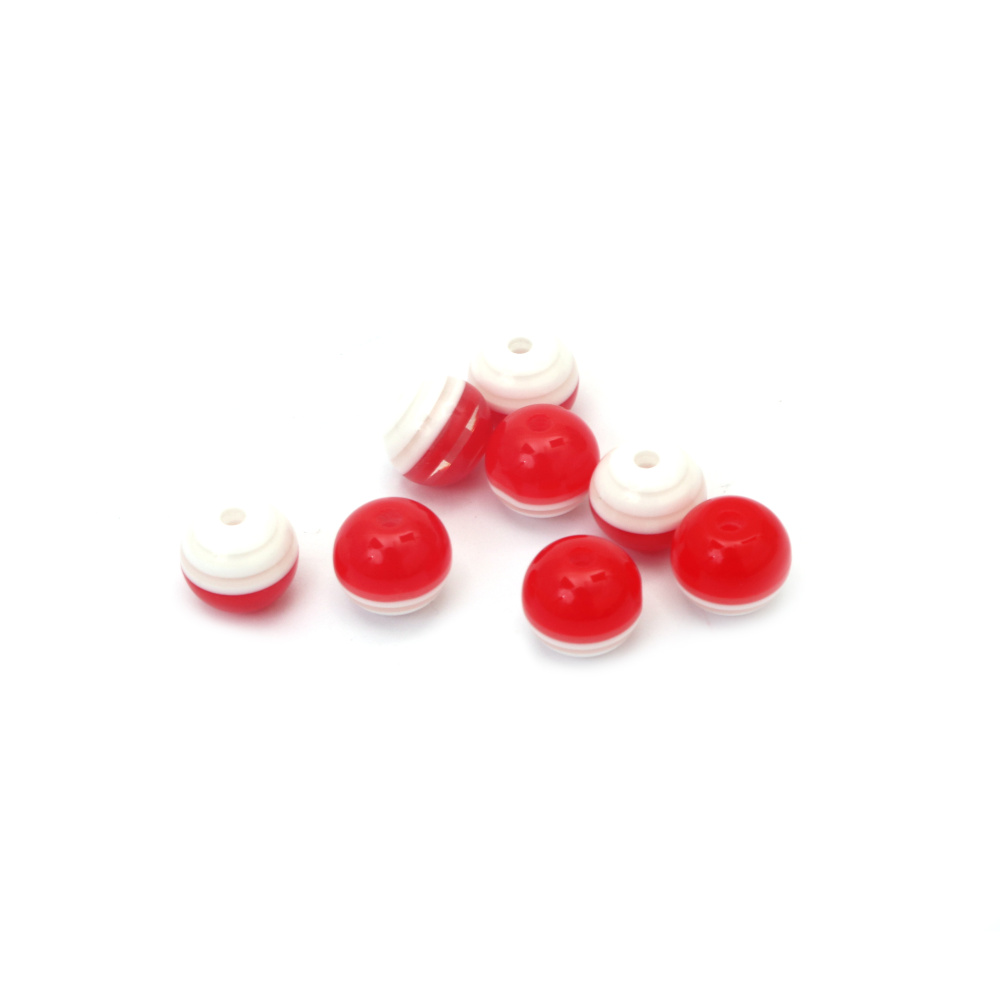 Resin Ball Bead, 11x12 mm, Hole: 2 mm, Striped White and Red - 10 pieces