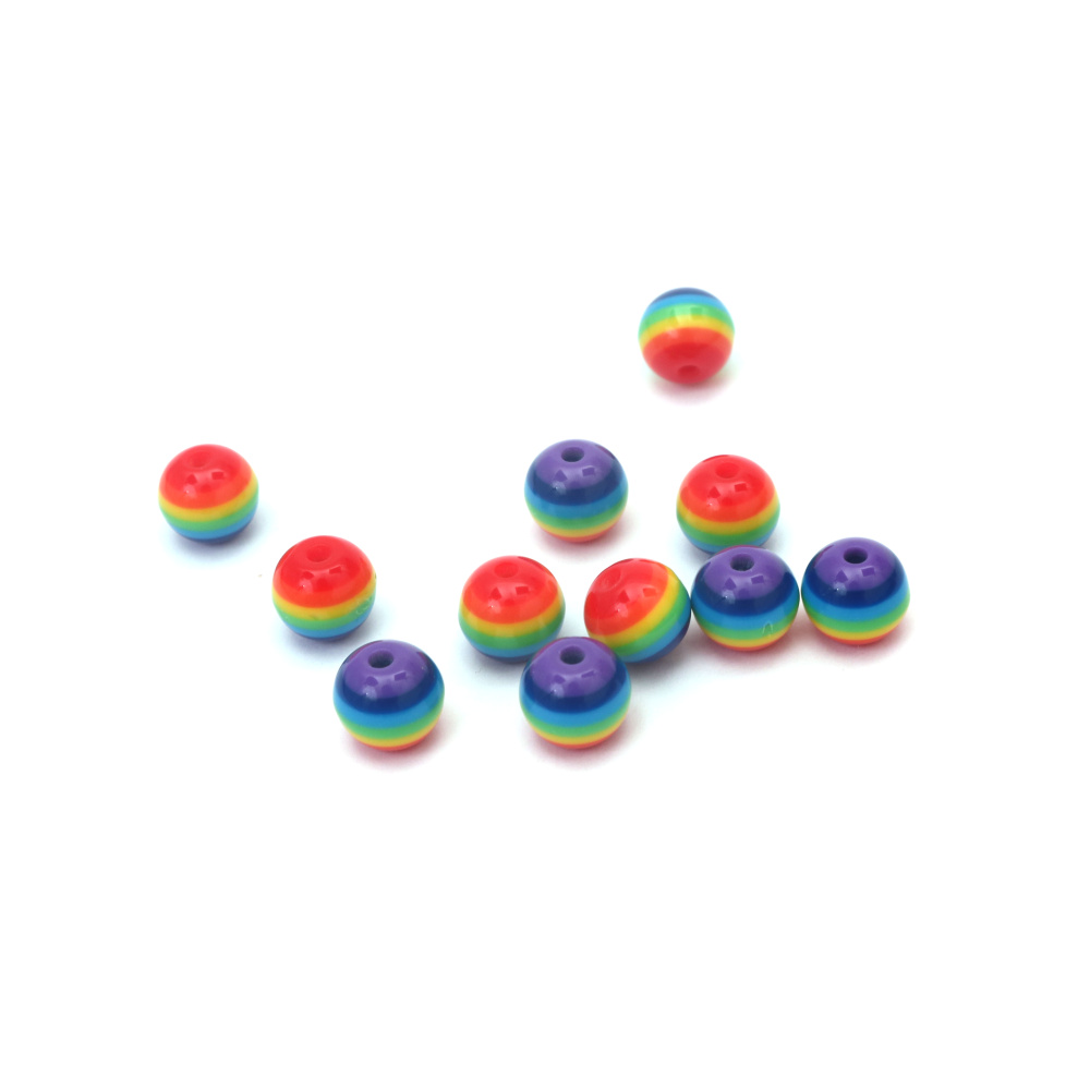 Resin Ball Bead, 10x9 mm, Hole: 2 mm, Multicolored Stripe - 20 pieces