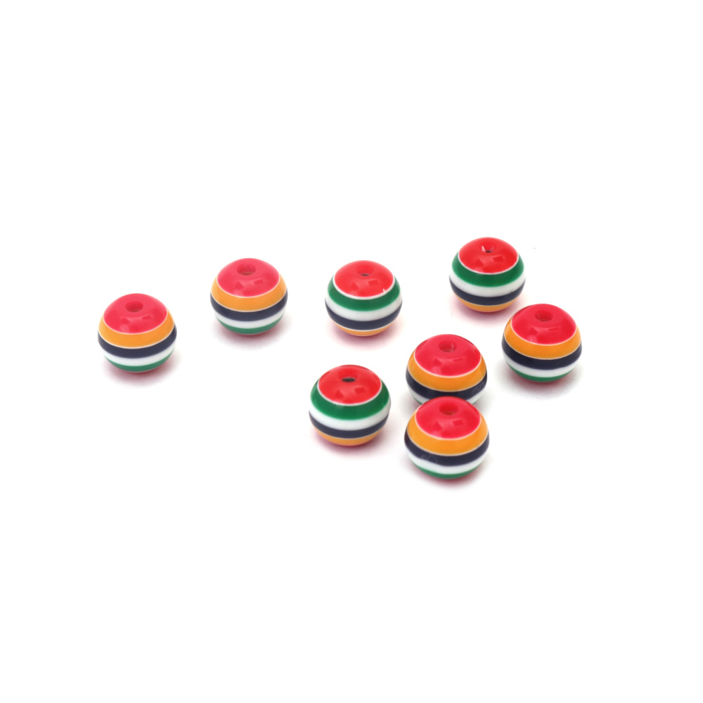 Resin Ball Bead, 10x9 mm, Hole: 2 mm, Multicolored Stripe - 20 pieces