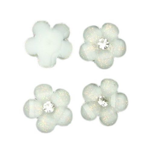 Plastic Cabochon Bead / Flower with Crystal, 12 mm, White -10 pieces
