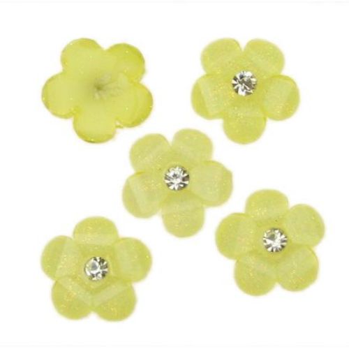 Acrylic Flower Bead Cabochon Type / Flower with Crystal, 12 mm, Yellow -10 pieces