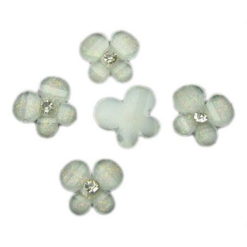 Plastic Cabochon Bead / Butterfly with Crystal, 12 mm, White -10 pieces
