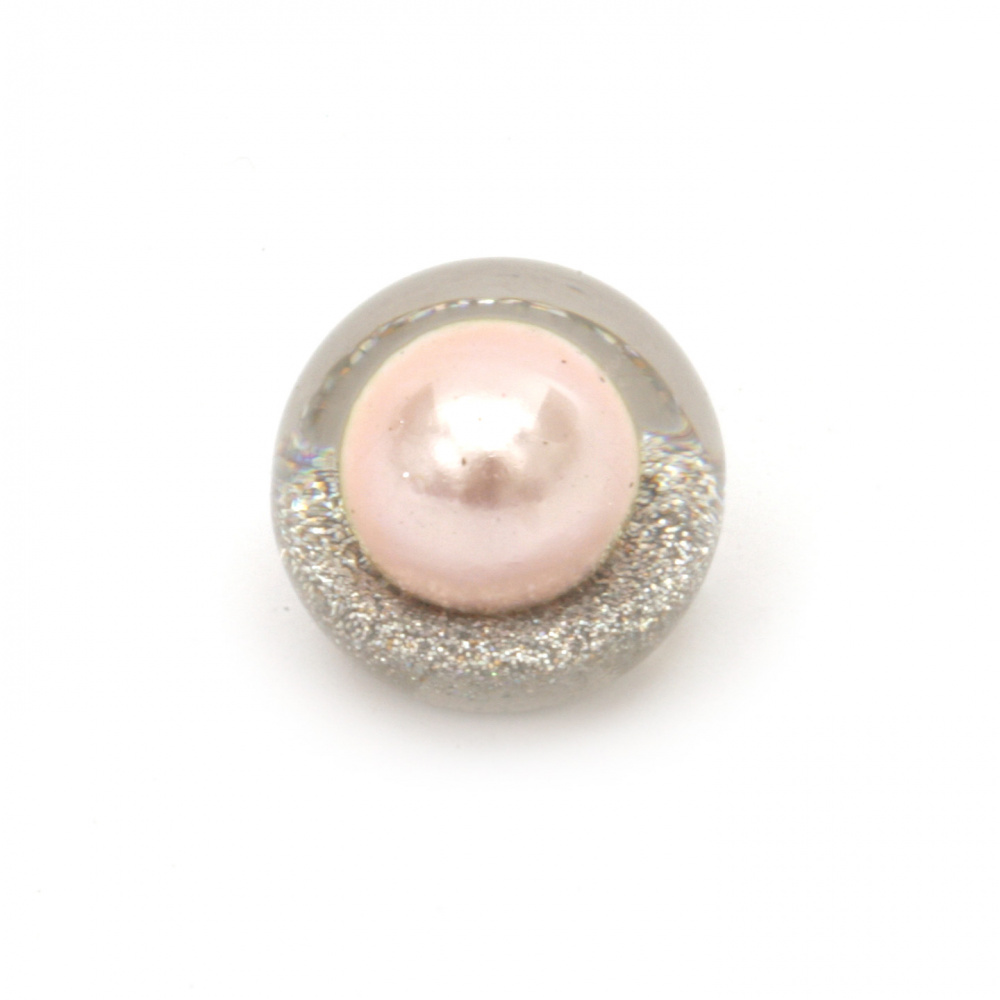 Cabochon încorporat tip mărgele 18x16 mm gaură 3 mm transparentă cu brocart și roz perlat