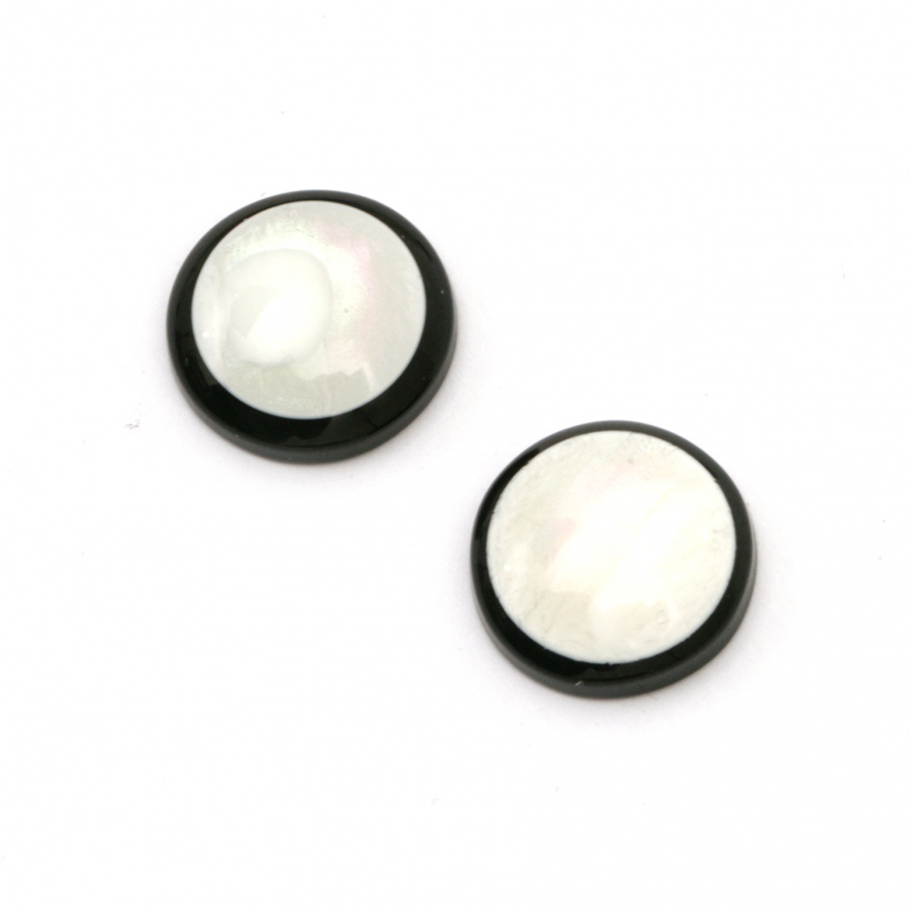 Margele de cauciuc imitatie perla cabochon sidef rotund 14x4 mm culoare alb și negru -10 bucăți