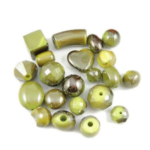Assorted acrylic beads  with black UV plating 10 mm 10~30 mm hole 1~4 mm pale green - 50 grams