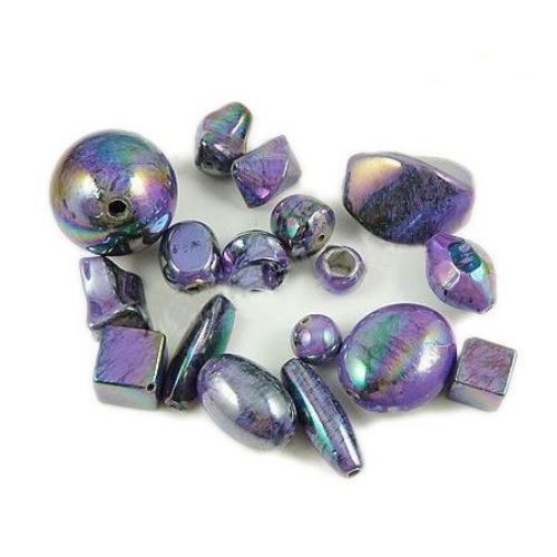 ASSORTED Plastic Beads with Black UV Finish, 12 ~ 30 mm, Hole: 2 ~ 6 mm, Purple -50 grams