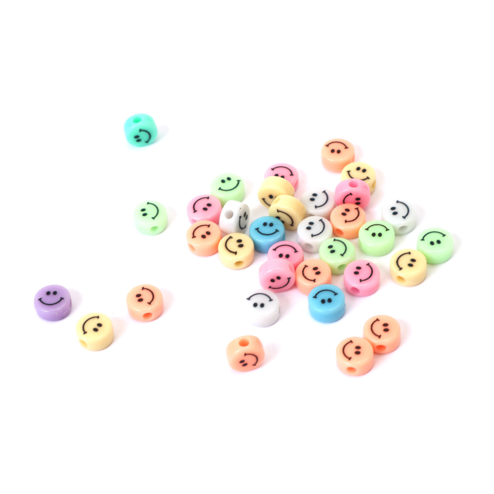 Perline Moneta Faccina Smiley, 8x4 mm, Foro: 2 mm, Mix Colori Pastello - 10 pz