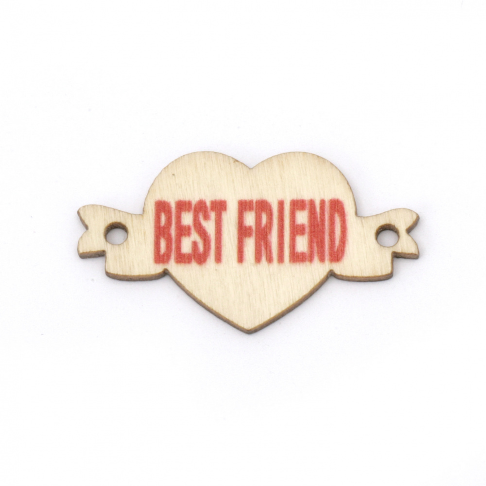 Wooden heart tile connector for jewelry making 37.5x20.5x2 mm hole 2 mm with inscription "Best friend" - 10 pieces