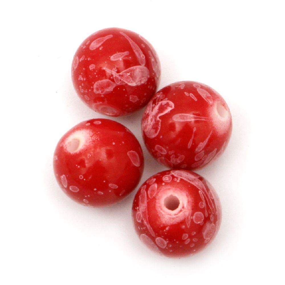 Painted opaque round bead 14 mm hole 2 mm white and red - 50 grams ~ 30 pieces