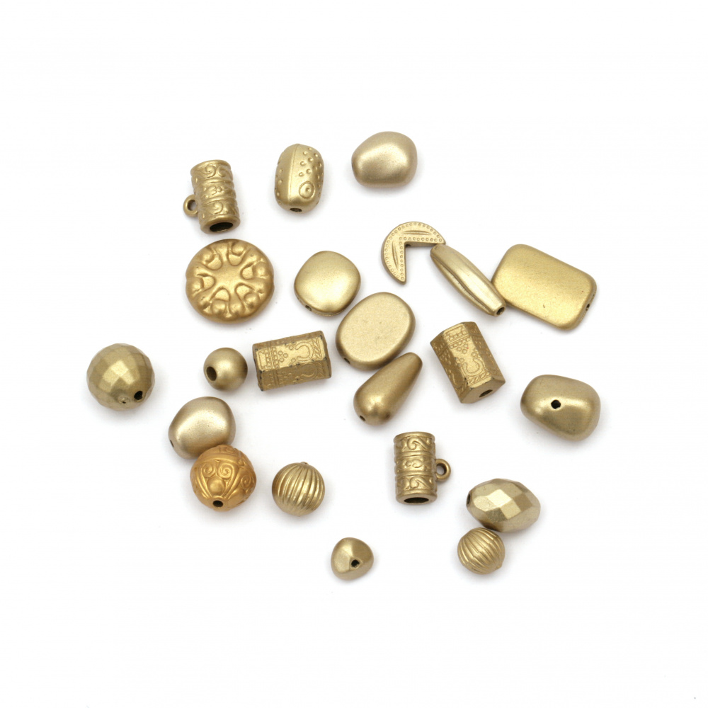ASSORTED Shapes Collection of Solid Plastic Beads, 4 ± 17 mm, Hole: 1 ± 3 mm, Gold - 50 grams