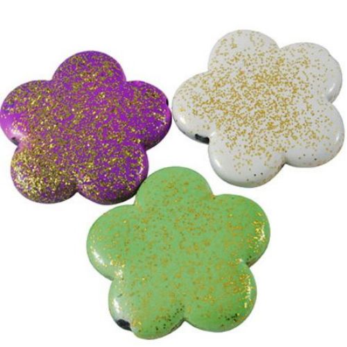 Plastic flower painted with gold glitter 28x5 mm hole 3 mm - 50 g ~ 18 pieces