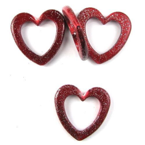 Painted acrylic heart bead 49x49x7 mm hole 2 mm with glitter, red - 50 g. - 7 pieces