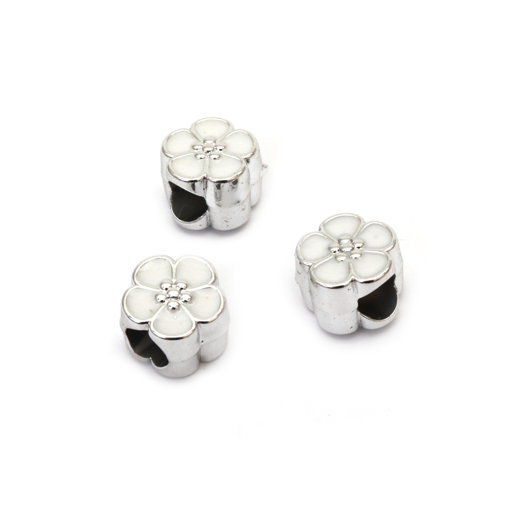 CCB Flower Bead / 11x9x8 mm,  Hole: 5 mm / Silver with White - 5 pieces