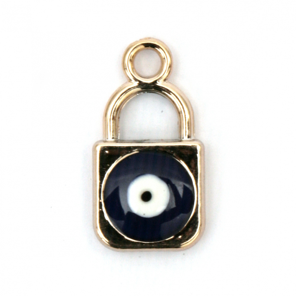 CCB Padlock Pendant with Blue Eye, 23x12x4 mm, Hole: 3 mm, Gold -5 pieces