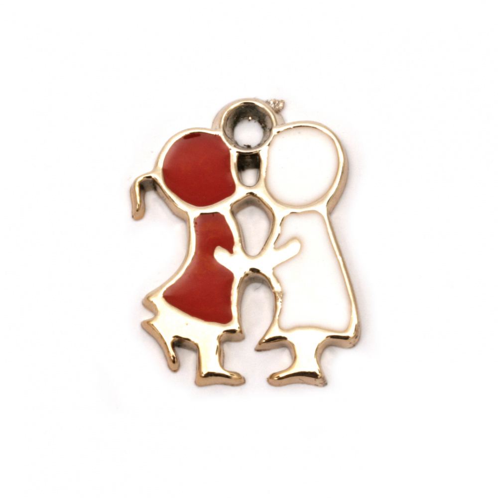 Painted CCB Pendant / Boy and Girl, 28x20x2 mm, Hole: 3 mm, Gold with Red and White Paint -5 pieces