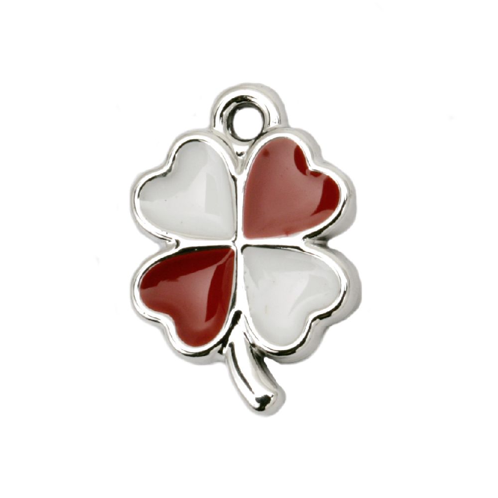 Metallized, plastic Pendant CCB clover 18x13x2 mm hole 1.5 mm white and red -5 pieces