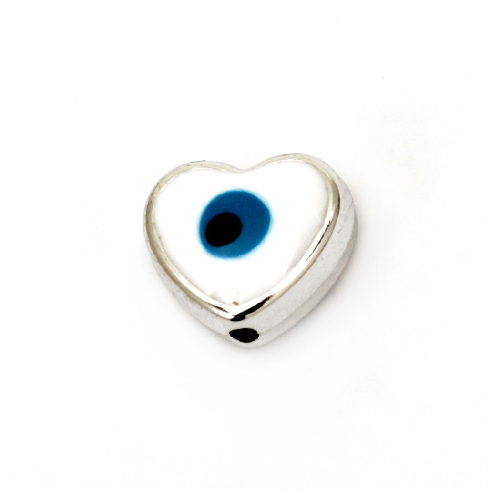 Χάντρα CCB πλαστική  καρδιά 12x11x6 mm τρύπα 1 mm λευκό μπλε ματάκι - 5 τεμάχια