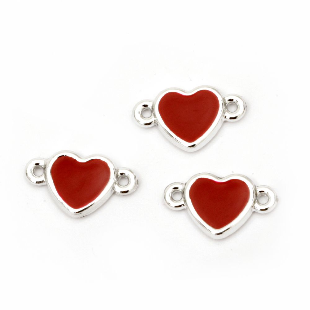 Plastic Metallized Link Bead / Heart, 19x11x3 mm, Hole: 1 mm, Silver with Red Paint -5 pieces
