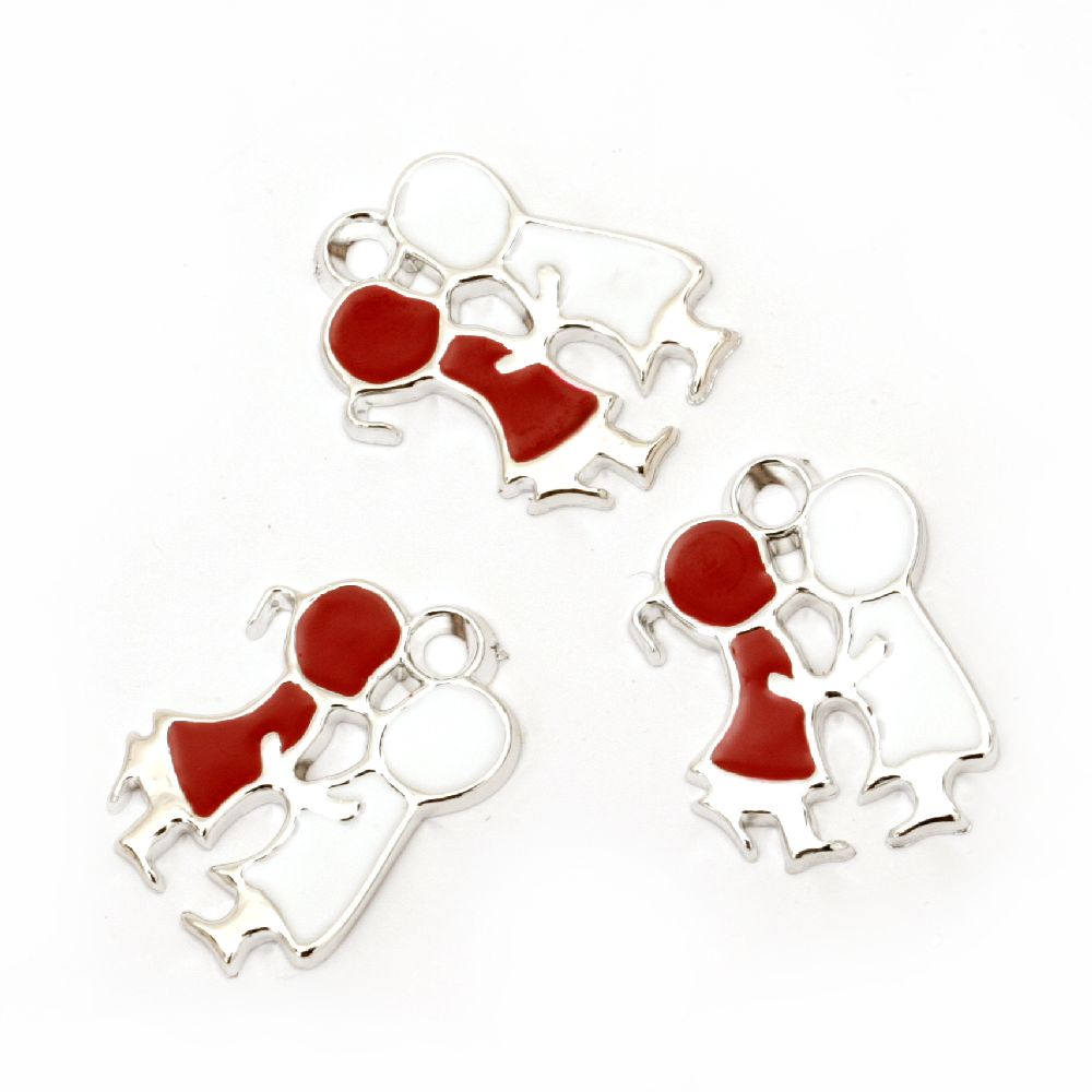 Painted CCB Pendant / Boy and Girl, 28x20x3 mm, Hole: 2.5 mm Silver with White and Red Paint -5 pieces