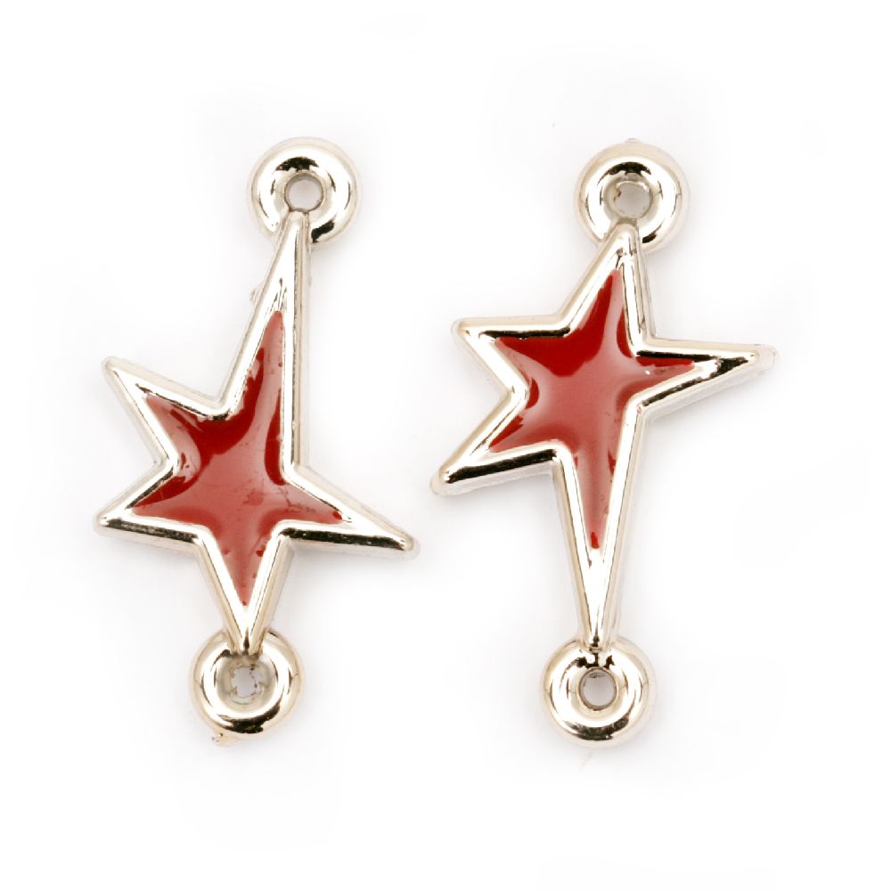 CCB Star-shaped Connecting Element, 28x15x4 mm, Hole: 1.5 mm, Silver with Red Paint -5 pieces